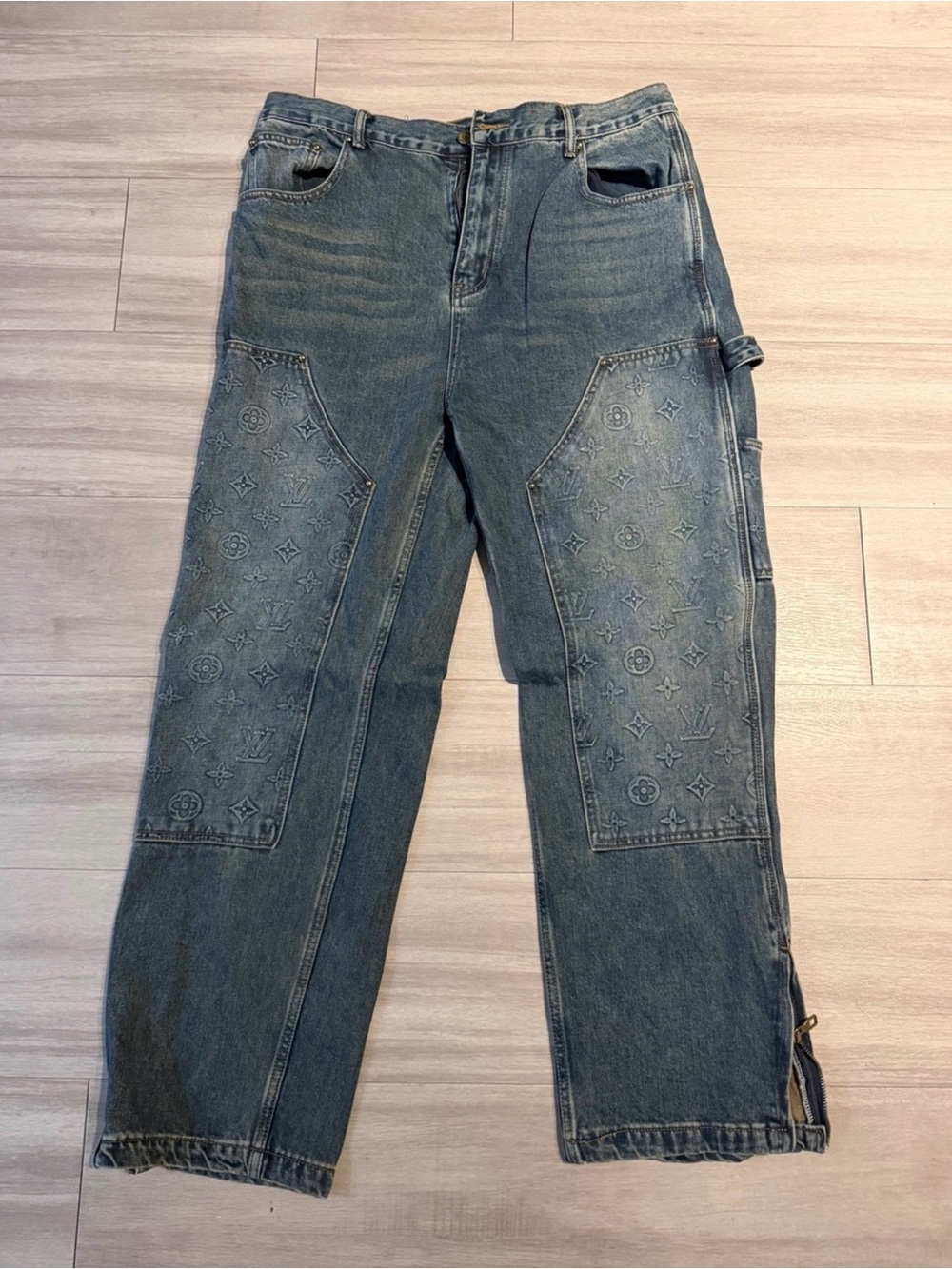 Monogram Embossed Denim Carpenter Jeans - Blue